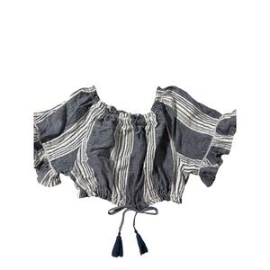 Surf Gypsy Blue Striped Off Shoulder Crop Top Tassel Tie Flutter Sleeve‎ Small